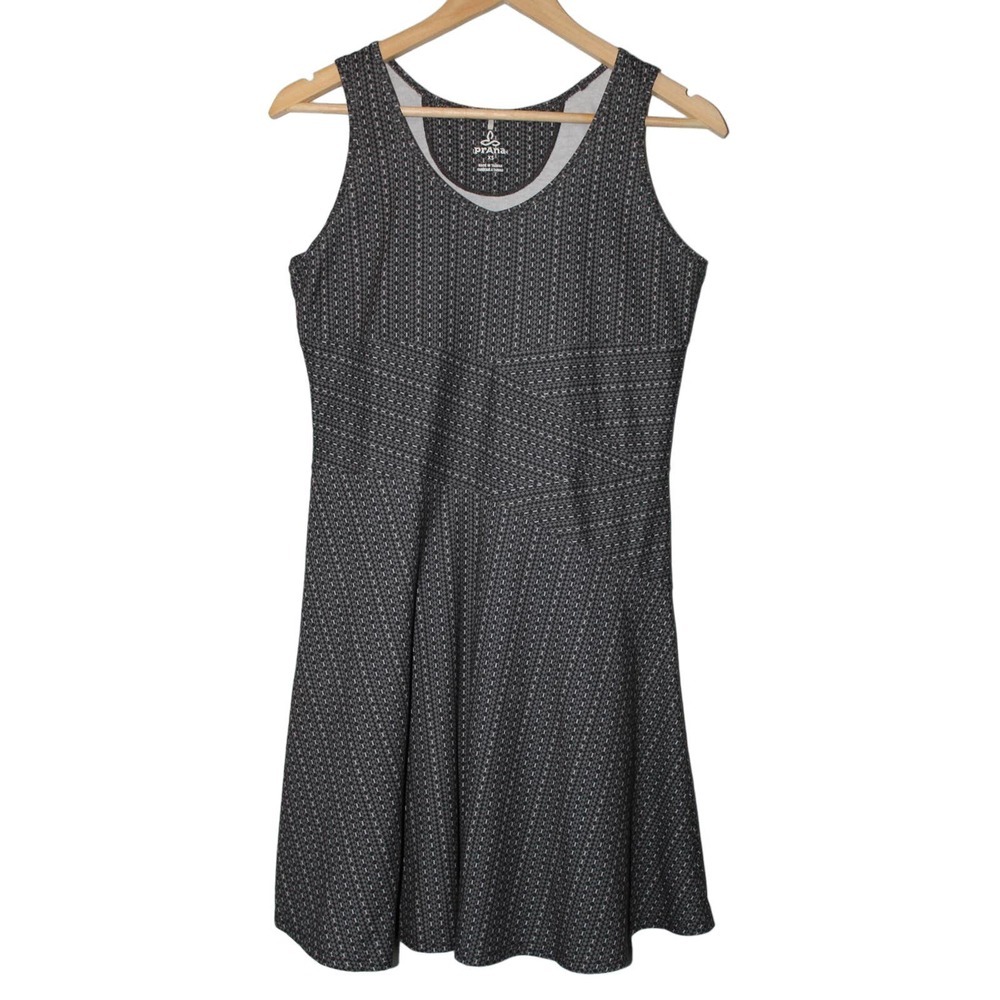 Women's Prana Gray Black Geometric Casual Pullover Scoop Neck Midi Dress Size XS
